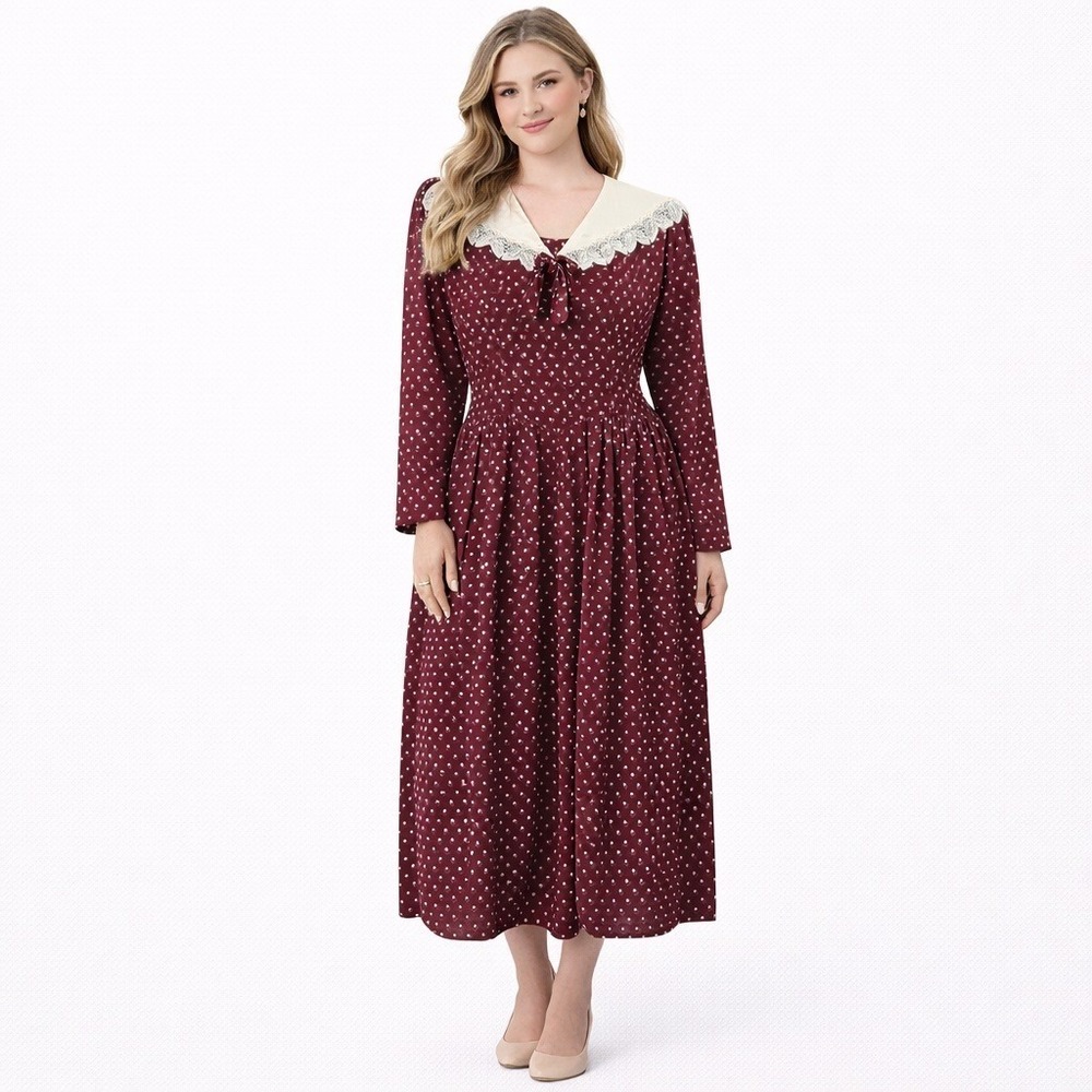 Patty O'Neil Vintage Burgundy Floral Lace‎ Sailor Collar Midi Dress Made in USA